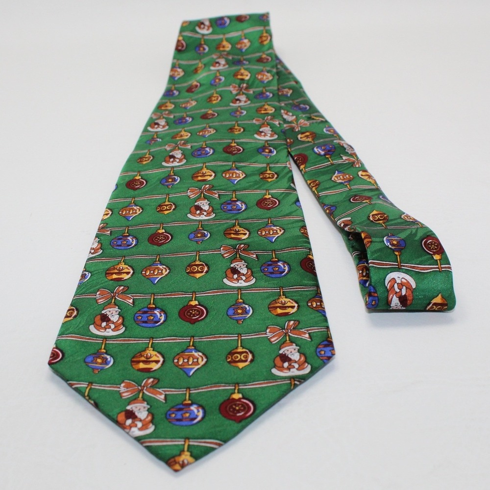 Keith Daniels Mens Green Silk Christmas Tie Santa Ornament Novelty 16254 GR